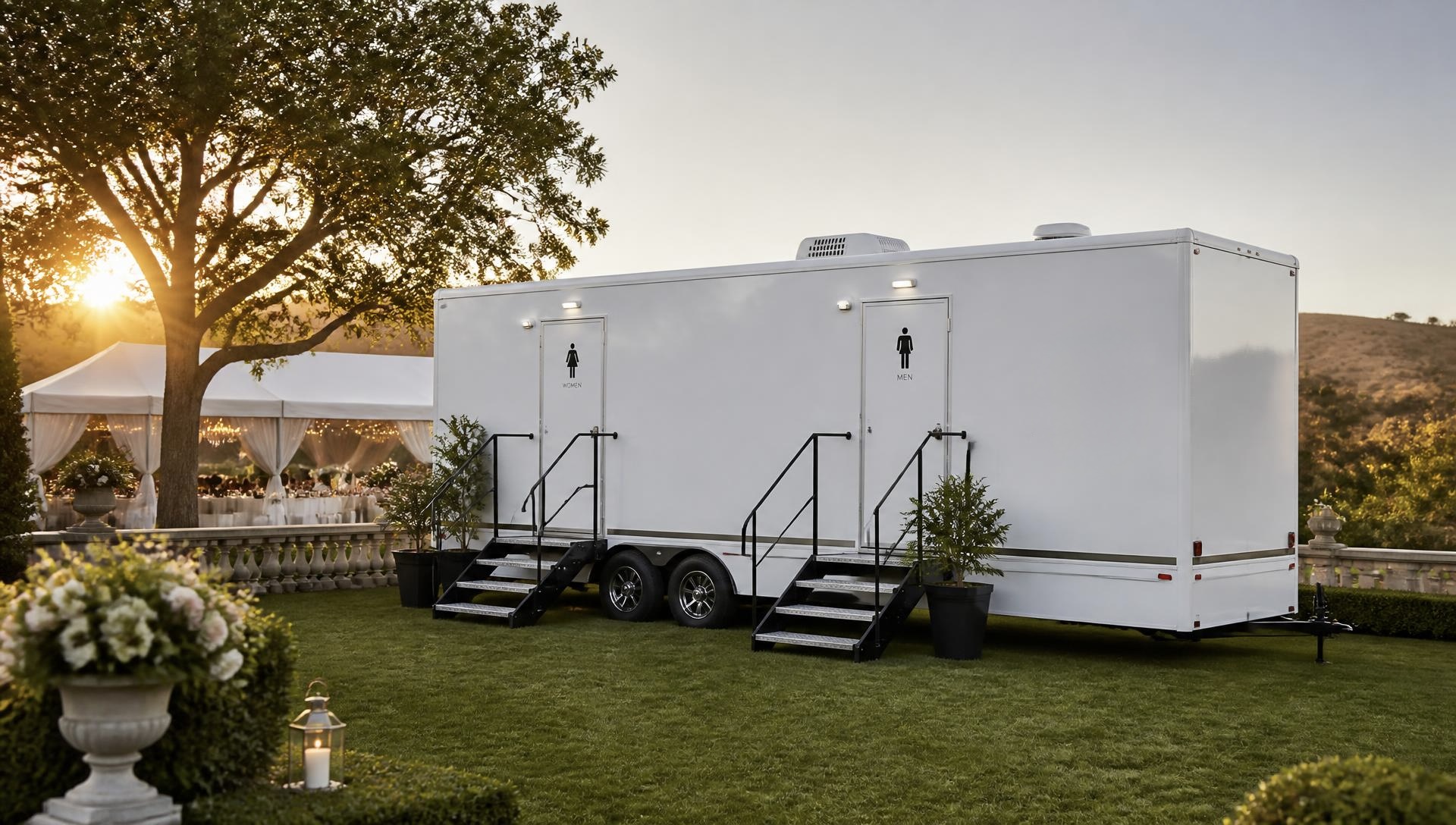 Luxury white restroom trailer at an elegant outdoor wedding at golden hour